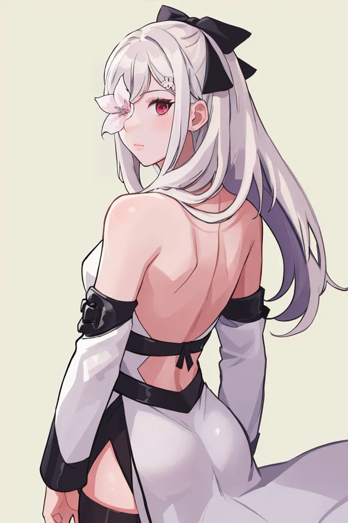 The image is of a beautiful anime girl with long white hair and red eyes. She is wearing a white dress with a black ribbon around her neck. The dress is open in the back, showing her bare back. She has a flower in her hair and is looking at the viewer with a serious expression.