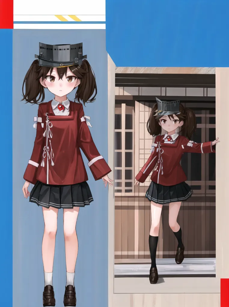 The image shows an anime girl with brown hair and brown eyes. She is wearing a red and white sailor-style outfit with a black skirt and brown shoes. She is also wearing a hat with a red band around it. The girl is standing in front of a blue door.