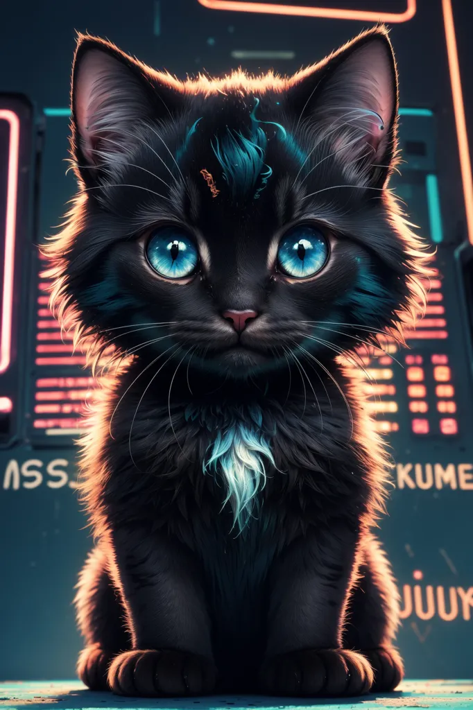 A cute black cat with blue eyes is sitting on a table. The cat has a light blue marking on its forehead and a light blue patch of fur on its chest. The cat is looking at the viewer with its head tilted to the side. The background is a dark blue with a circuit board pattern.