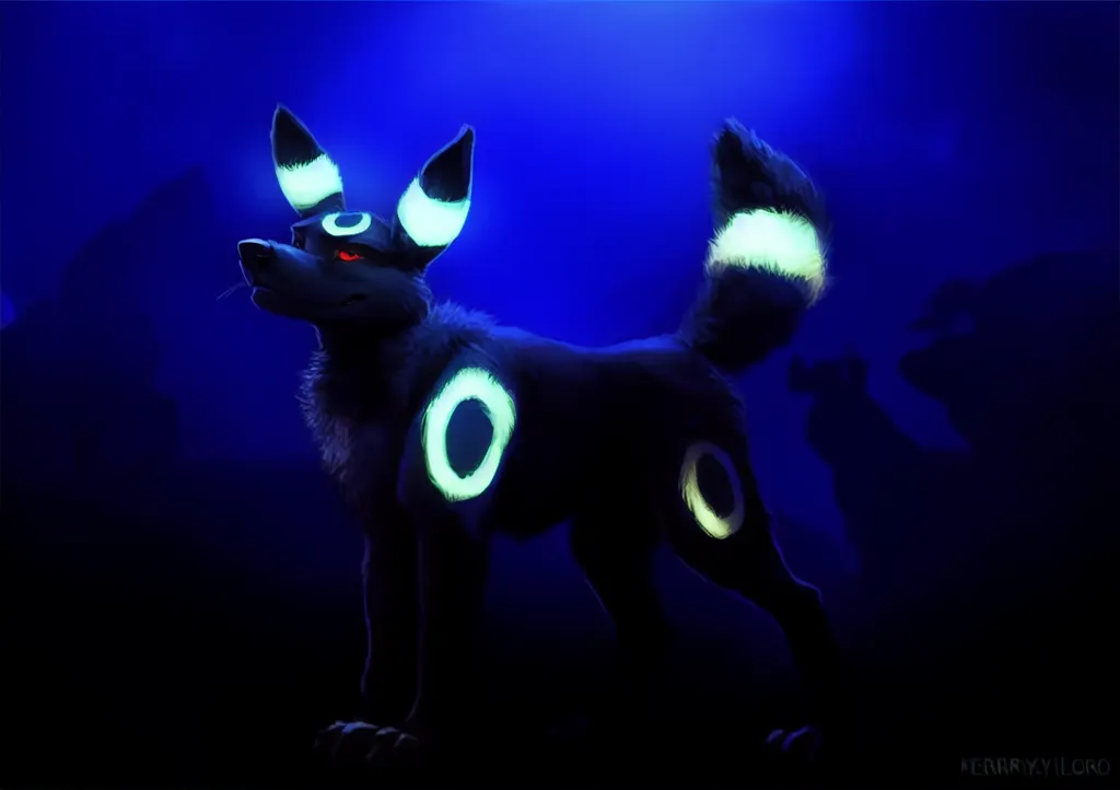 This is an image of a Pokémon. It is a black and blue quadruped with green and yellow markings on its ears, tail, and legs. It has a long, pointed snout and large, pointed ears. Its eyes are yellow and it has a small, triangular nose. It is standing in a dark blue void with a bright blue light in the background. The Pokémon is facing the viewer