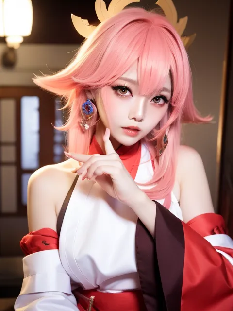 这张图片是一位年轻女性cosplay的Yae Miko,这是一个来自游戏《原神》的角色。她穿着一件白色和红色的和服,系着粉色的腰带,有着长长的粉色头发和狐狸耳朵。她还拿着一把扇子。背景是一个传统的日式房间,有一盏纸灯笼和一张tatami席。