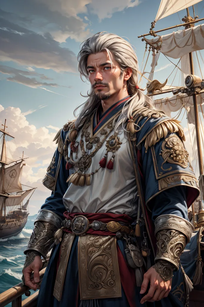 This is a picture of a man standing on the deck of a ship. He has long white hair, blue eyes, and a beard. He is wearing a blue and gold outfit and has a sword at his side. There are other ships in the background and a large wave is crashing against the side of the ship.