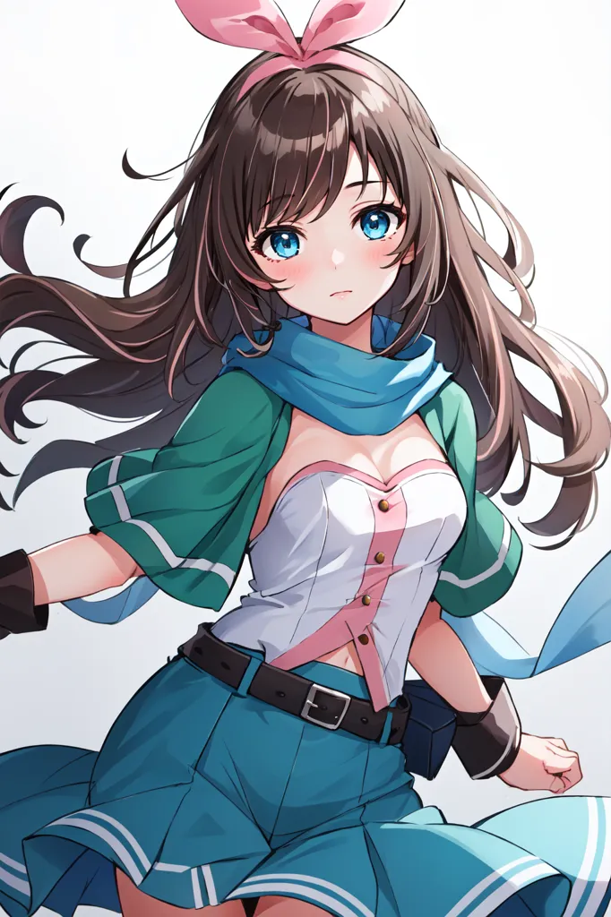 This is an image of an anime-style girl with long brown hair and blue eyes. She is wearing a green and white outfit with a pink bow in her hair. She has a determined expression on her face and is looking at the viewer.