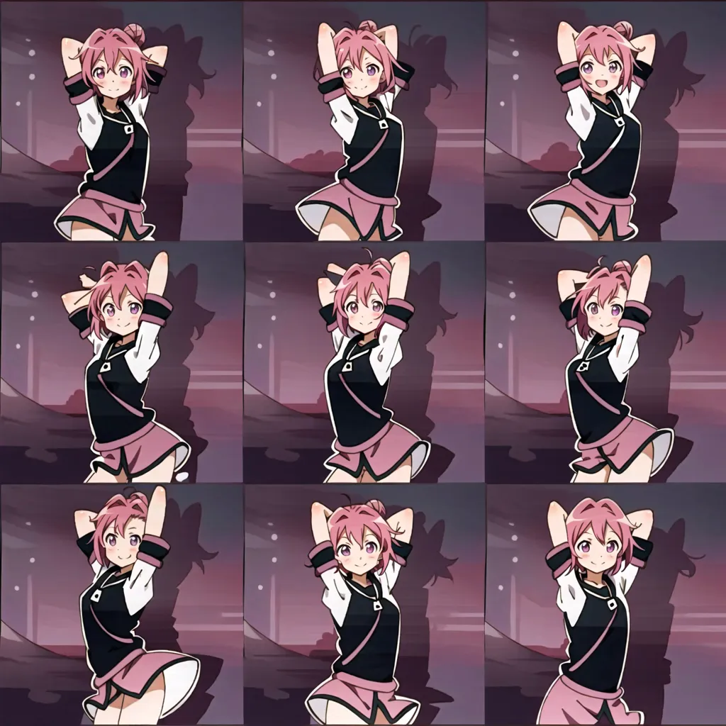 The image shows a pink-haired anime girl in a black and pink outfit. She is standing in a variety of poses, all of which are very energetic and dynamic. The background is a dark color, with a few light-colored objects in the distance. The girl's hair is short and pink, and her eyes are a light blue color. She is wearing a black jacket, a pink skirt, and black boots.