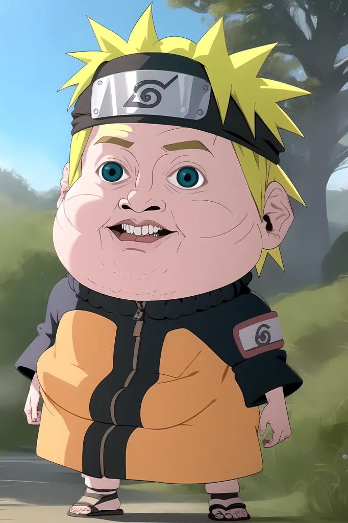 The image is a 3D rendering of a character from the anime series Naruto. The character is Naruto Uzumaki, a young ninja who is the protagonist of the series. He is depicted as a young boy with spiky blond hair and blue eyes. He is wearing a black and orange jumpsuit and a headband with the symbol of the Hidden Leaf Village. He is also wearing sandals and a backpack. He has a goofy expression on his face.