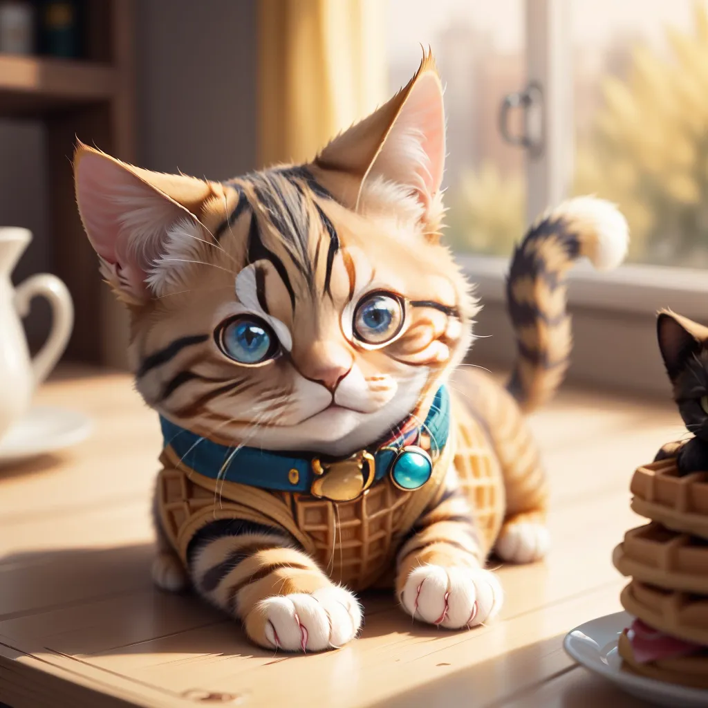 The image shows a cute cat sitting on a table. The cat has big blue eyes, a pink nose, and brown fur with black stripes. It is wearing a blue collar with a yellow tag. The cat is sitting in front of a white plate with a stack of waffles on it. There is another cat in the background.