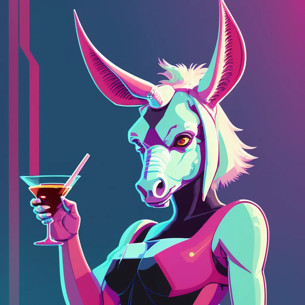 The image is a cartoon drawing of a female donkey. She has light blue skin, pink hair, and donkey ears. She is wearing a black halter top and a pink skirt. She is holding a martini glass in her right hand. She has a confident expression on her face. The background is dark blue with a pink light on the left side.