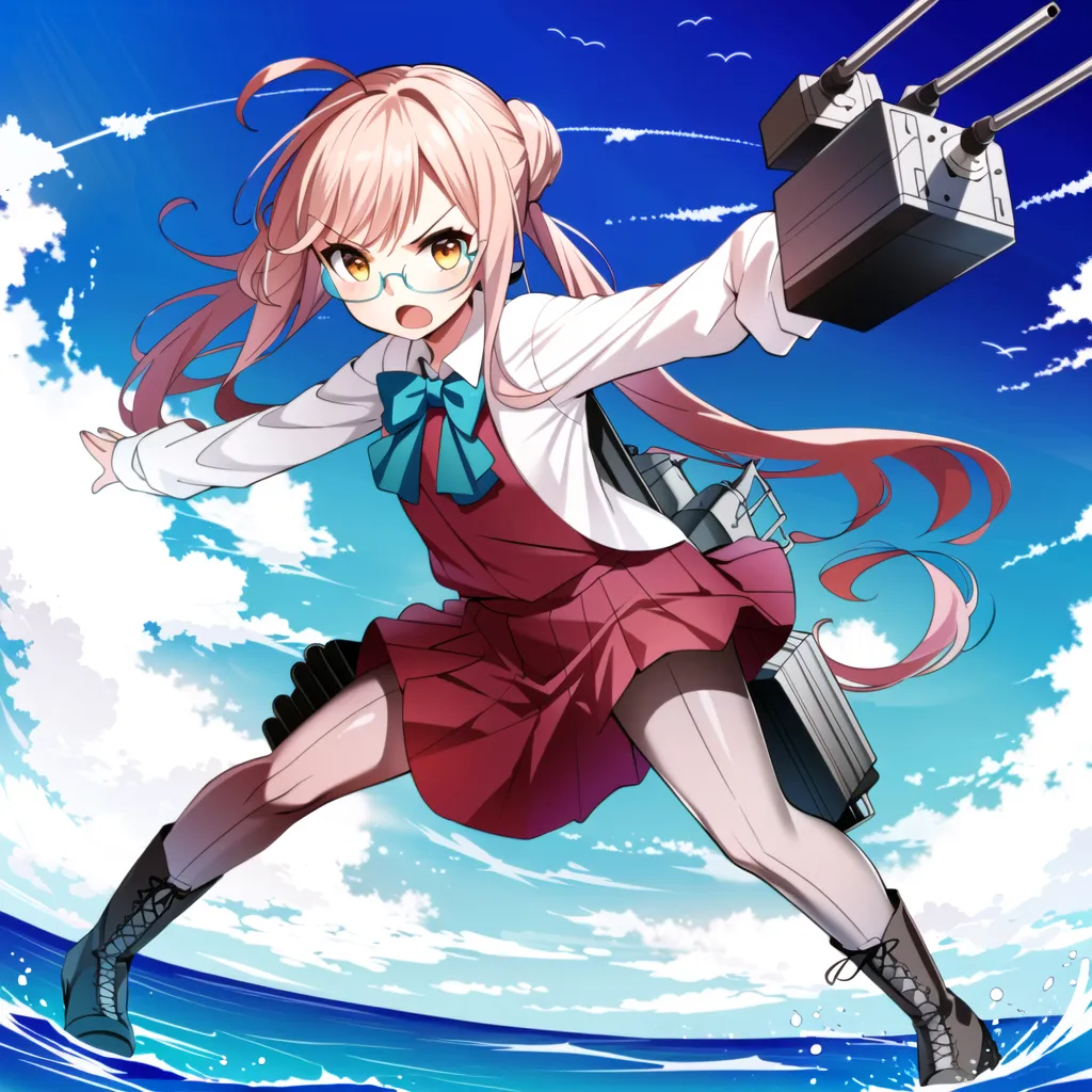 The image shows an anime girl with pink hair and yellow eyes. She is wearing a white shirt, a red skirt, and brown boots. She is also wearing glasses. She is standing on the water and has a determined expression on her face. In the background, there are clouds and a blue sky.