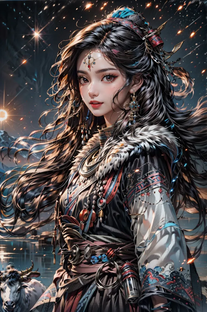 The picture shows a beautiful girl with long black hair and brown eyes. She is wearing a traditional Chinese dress with a fur collar. The dress is decorated with intricate patterns and has a long flowing skirt. The girl is standing in a snowy landscape, and there is a large white horse behind her. The girl has a serene expression on her face, and she seems to be enjoying the snow.