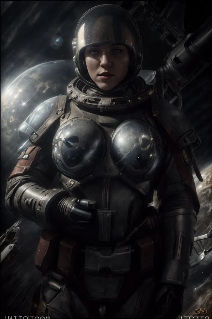 This is an image of a woman in a spacesuit with a helmet on. She is standing in front of a dark background with a planet in the distance. The spacesuit has round glass parts over the chest area.