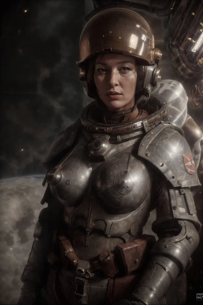 This is an image of a woman in a spacesuit with her helmet on. She is standing in front of a dark background with a planet in the distance. The spacesuit is made of metal and has a golden visor. The woman has brown hair and her face is partially obscured by the helmet. She is looking at the camera with a serious expression.