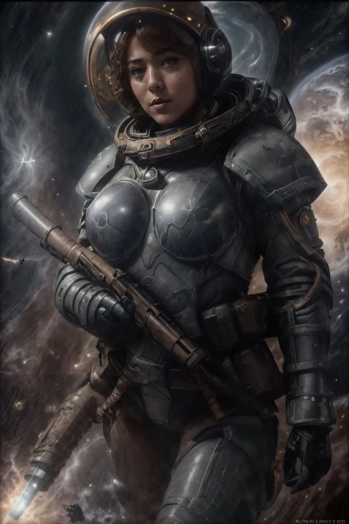 This is an image of a woman in a spacesuit. She is wearing a helmet with a clear visor. The spacesuit is grey and black and has a pattern of small circles all over it. She is also wearing a backpack and has a gun in her hand. There are stars and a planet in the background.