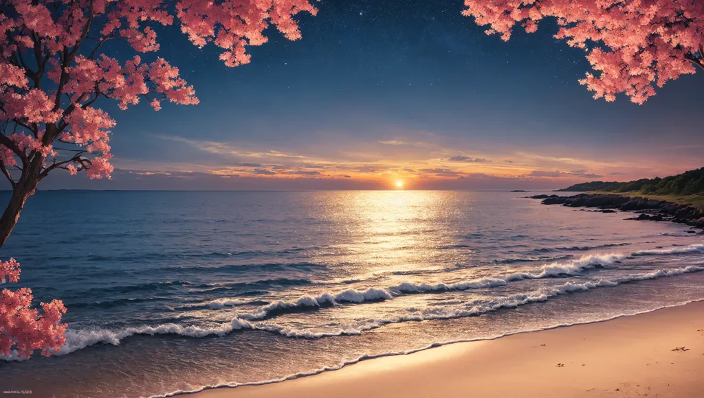 The image shows the seaside at sunset. The sky is dark blue with a bright yellow sun setting over the horizon. The sea is calm with gentle waves lapping at the sandy shore. The beach is framed by two large trees with pink flowers.