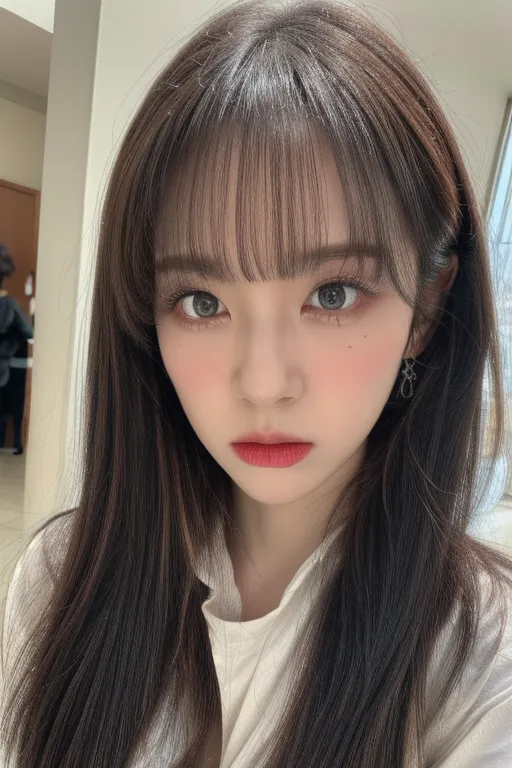 The photo shows a young woman with long, dark brown hair and bangs. Her hair is styled in a hime cut, with the hair at the sides of her head being shorter than the hair at the back. The woman has a fair complexion and is wearing light makeup. Her eyes are a light brown color and she has long, black eyelashes. Her lips are a soft pink color and she has a small mole on her right cheek. She is wearing a white shirt with a collar and has a pair of silver earrings in her ears. The woman is sitting in front of a white wall and there is a door on the left side of the image.