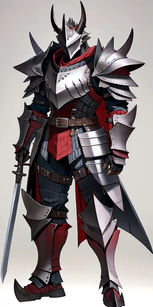 The image shows a warrior in full plate armor. The armor is dark grey with red accents. The warrior is also wearing a red cape. They are holding a sword in each hand. The warrior has a determined expression on their face. They are standing in a confident pose, ready to fight.