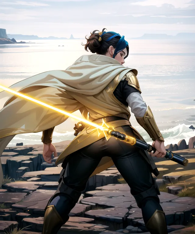 The image is of a person standing on a cliff, looking out at the sea. They are wearing a white and brown outfit and a brown cape. They are also wearing a sword on their back. The sword has a yellow blade. The person has long blue hair and is standing with their feet shoulder-width apart. The background is a blue sky with white clouds and a large body of water.