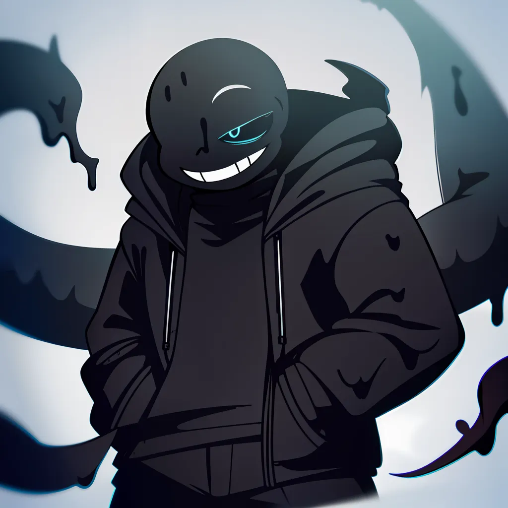 This is an image of a character named Nightmare Sans from the popular game "Undertale". He is depicted as a black skeleton with blue eyes and a sinister grin. He is wearing a black hoodie and there are shadowy tendrils behind him.