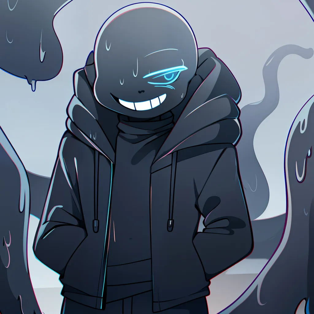 The image is of a character from the popular game "Undertale". The character is a skeleton wearing a black hoodie with a white turtleneck undershirt. He has blue eyes and a mischievous expression on his face. He is surrounded by black tentacles.