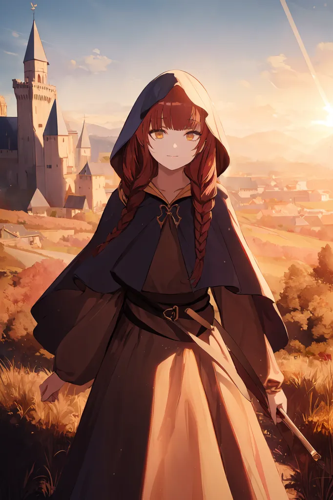 This is an image of a girl with long red hair and yellow eyes. She is wearing a brown cloak with a white dress underneath. She is also wearing a brown belt with a gold buckle. She is standing in a field of tall grass and there is a castle in the background. The sun is setting and the sky is a gradient of orange and yellow.