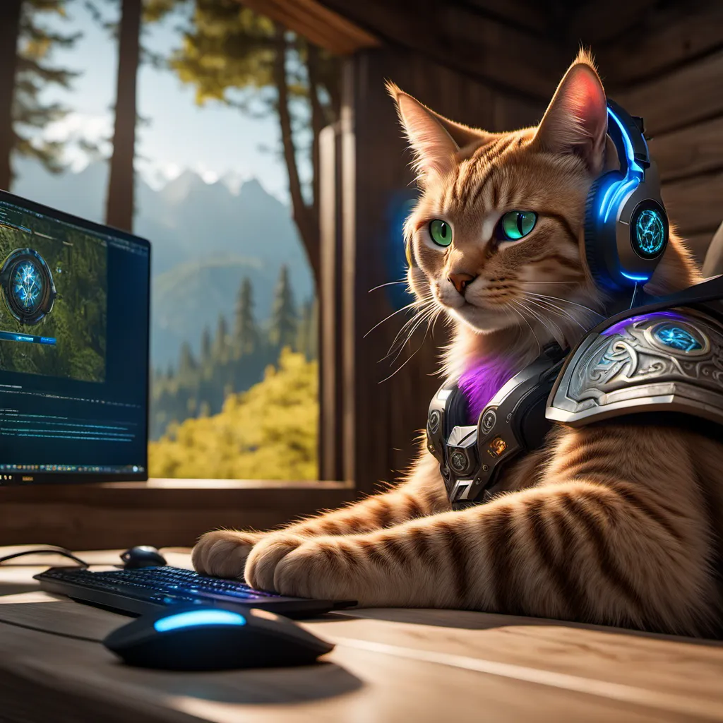 The image shows an orange cat wearing headphones and a breastplate. The cat is sitting at a desk, with a computer monitor, keyboard, and mouse in front of it. The cat has its paw on the mouse, and is looking at the monitor. The background of the image is a forest, with mountains in the distance.