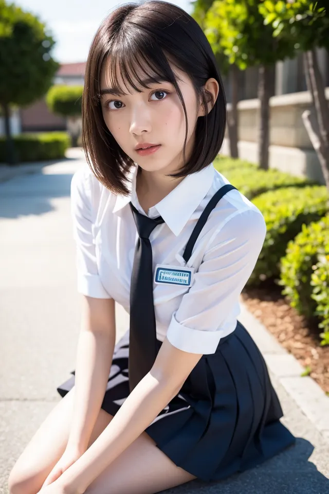 The image shows a young woman with short black hair and bangs. She is wearing a white shirt, black tie, and black pleated skirt. She is kneeling on the ground and looking at the camera with a serious expression. She has a name tag on her shirt that says "Himawari".