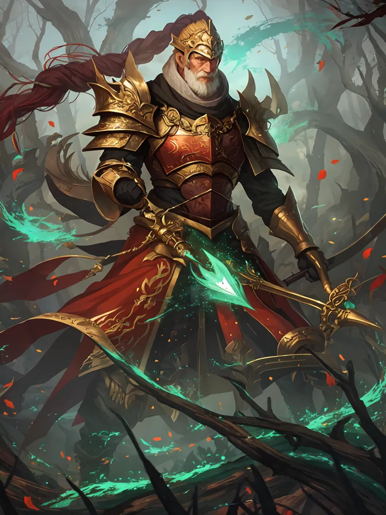 The image shows a male warrior in golden armor with a red cape. He has a long white beard and red hair and is holding a bow and arrow. He is standing in a forest, and there are trees and leaves all around him. The warrior is looking to the left of the frame, and he has a determined expression on his face. He is wearing a helmet with a visor, and his armor is decorated with intricate designs. The warrior is also wearing a quiver of arrows on his back.