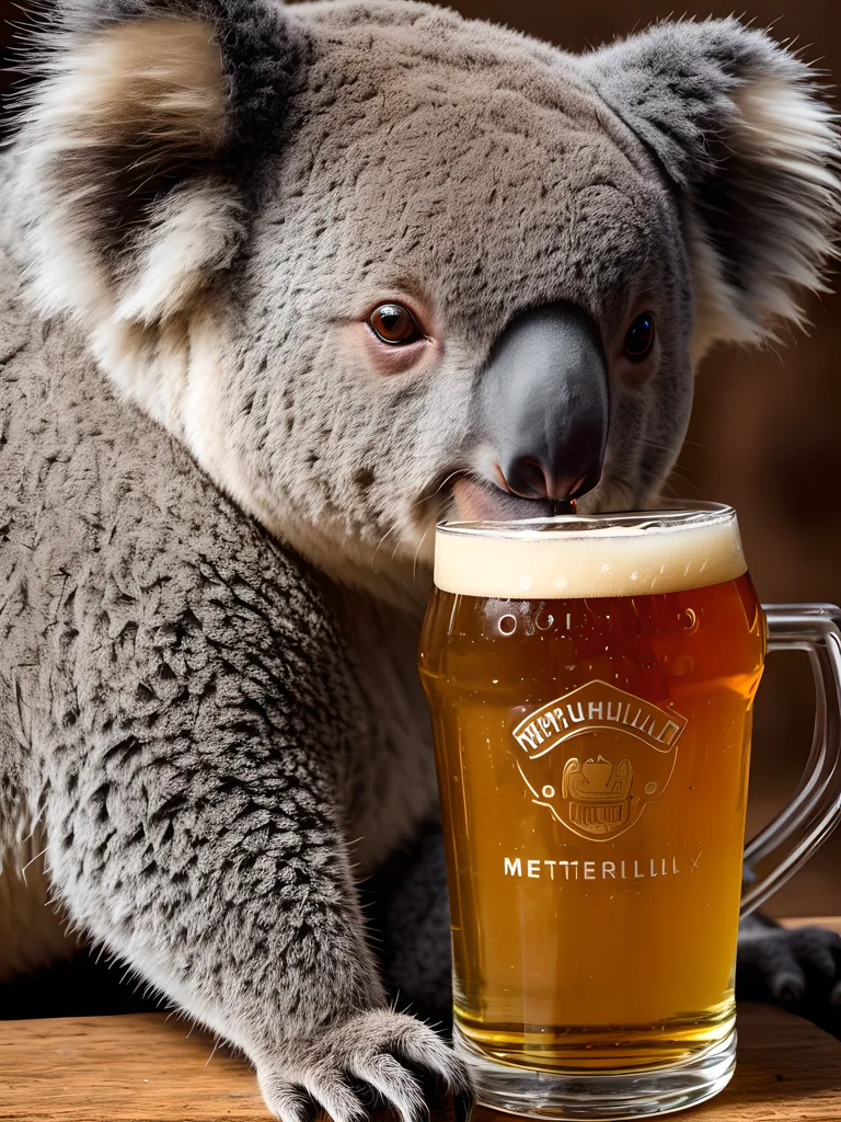 The image shows a koala sitting on a wooden table or bar and drinking beer from a glass with the word "METTERILL" on it. The koala is holding the glass with both paws and its head is tilted back as it drinks. The koala's expression is one of pure bliss. The background is a blur of brown and grey, which suggests that the koala is in a pub or bar.