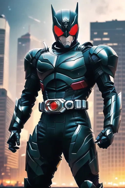 The image shows a superhero with a black and red suit. The suit has a bat-like symbol on the chest and a red belt. The superhero is also wearing a black helmet with red eyes. He is standing in a city with tall buildings in the background.