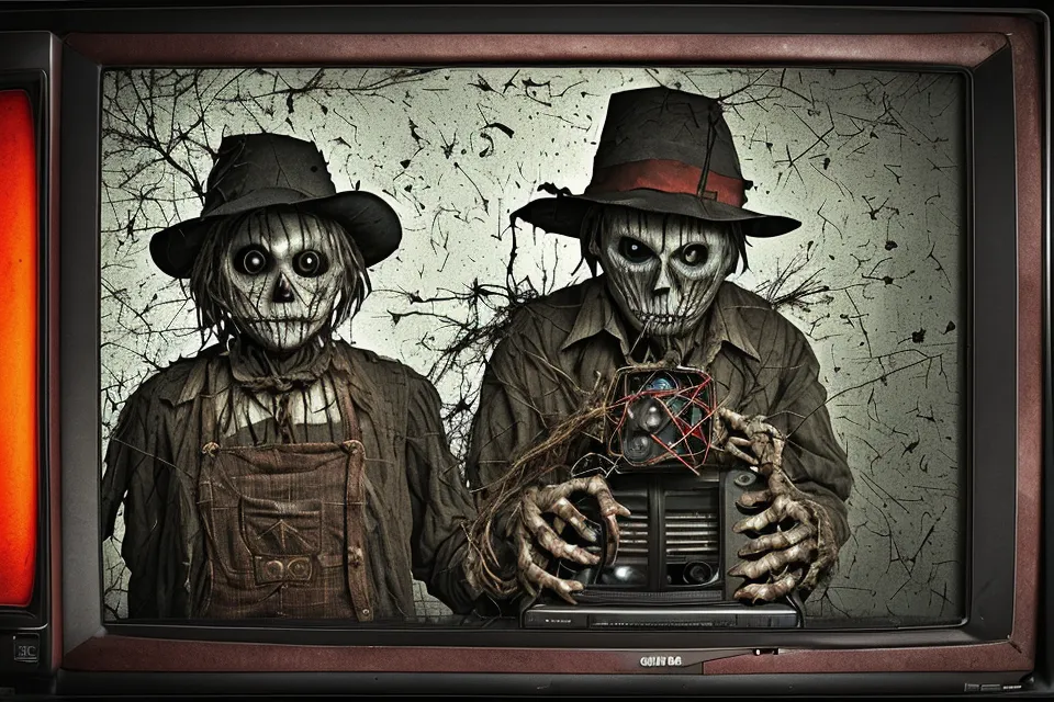 The image is a photo of two scarecrows with painted faces wearing tattered overalls and straw hats. They are standing in front of a white background with cobwebs all around. The scarecrows are holding an old television set between them. The TV is turned off and has a blank screen. The image is creepy and has a Halloween theme.