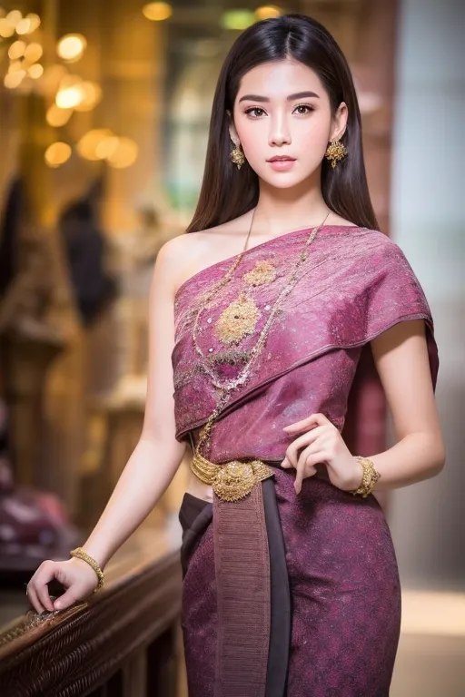 The image shows a young woman wearing a traditional Thai dress. The dress is purple and gold, and it is made of a fine silk fabric. The woman is also wearing a traditional Thai headdress and jewelry. The headdress is made of gold and it is decorated with flowers. The jewelry is made of gold and it includes a necklace, a bracelet, and earrings. The woman is standing in a traditional Thai house. The house is made of wood and it has a thatched roof. The woman is looking at the camera and she has a smile on her face.