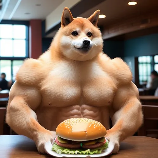 The image shows a muscular Shiba Inu dog sitting at a table in a restaurant. The dog is wearing a white apron and is holding a plate with a burger on it. The dog has a serious expression on its face. There are no people in the restaurant.