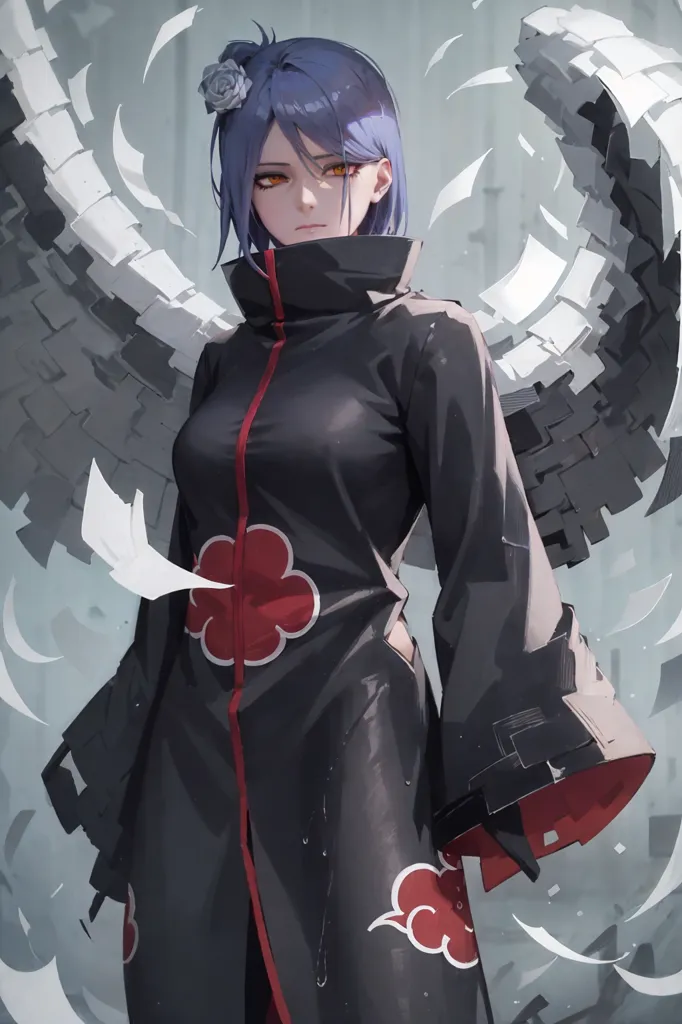 This image shows a kunoichi from the anime series Naruto. She has purple hair and orange eyes, and is wearing a black and red Akatsuki cloak. She also has a white rose in her hair. She is standing in a dark, rainy environment.