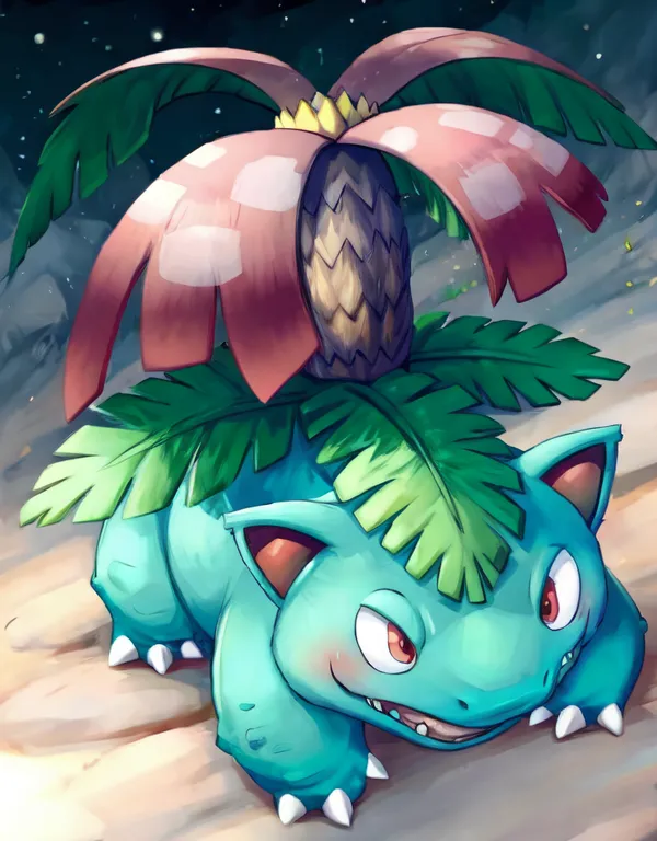 The image shows a Pokémon character. It is a large, blue, bipedal creature with a plant growing on its back. The plant has a brown trunk and green leaves, and it resembles a palm tree. The Pokémon has red eyes and a friendly expression on its face. It is standing on a rocky surface, and there is a starry night sky in the backgroun