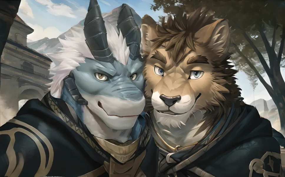 The image is of two anthropomorphic characters. The character on the left is a dragon with silver scales, blue eyes, and black horns. He is wearing a dark blue cloak. The character on the right is a lion with brown fur, green eyes, and a brown mane. He is wearing a white shirt and a brown vest. They are standing next to each other and the dragon has his hand around the lion's shoulder. In the background is a large stone building with two large doors flanked by two towers. There are also two large trees on either side of the building.