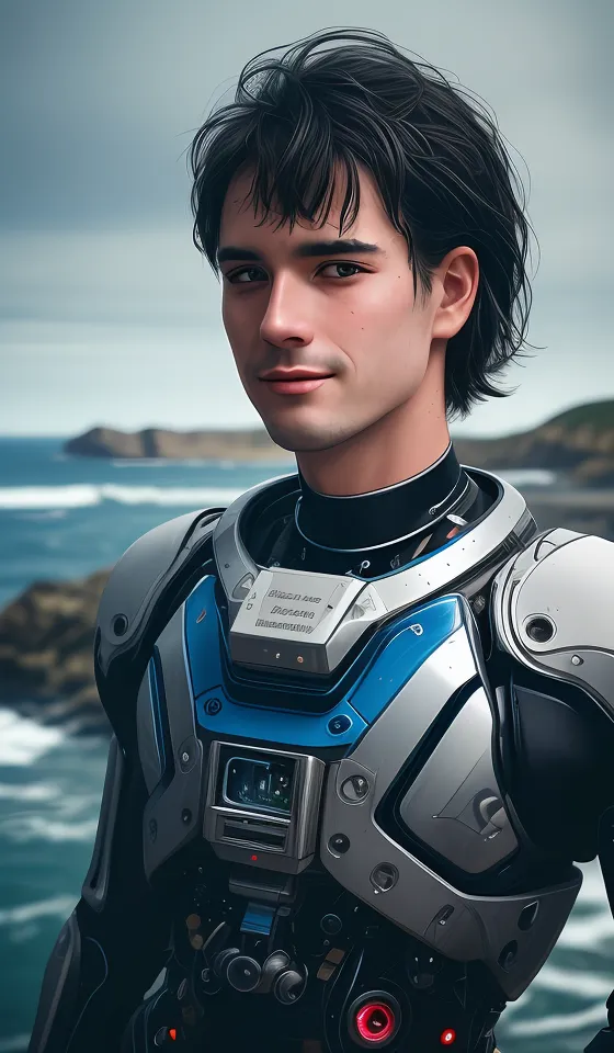 This is an image of a young man standing on a cliff overlooking the ocean. He is wearing a black and gray armored suit with a blue light on his chest. The suit has various buttons and lights on it. He has short black hair and brown eyes. He is looking at the camera with a slight smile on his face. The background is blurred, but it looks like there is a beach below the cliff.