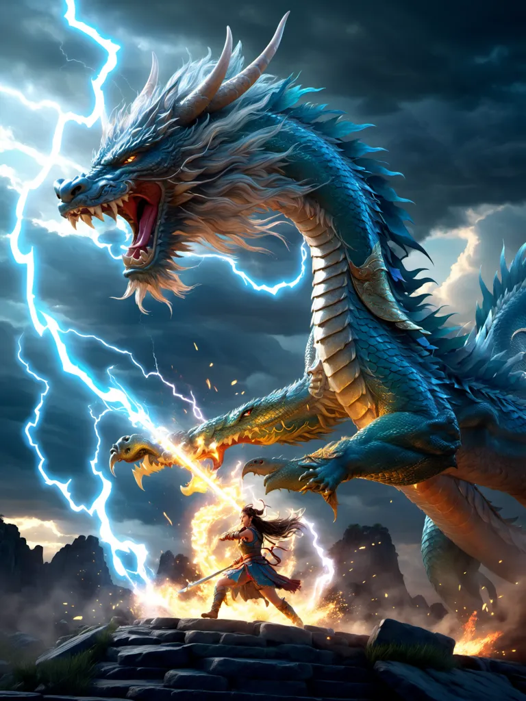 In the center of the image is a blue dragon with white and gold accents. The dragon is breathing lightning at a woman standing on a rock in front of it. The woman is wearing a brown and white outfit and is holding a sword. The background is a dark sky with lightning and mountains in the distance.