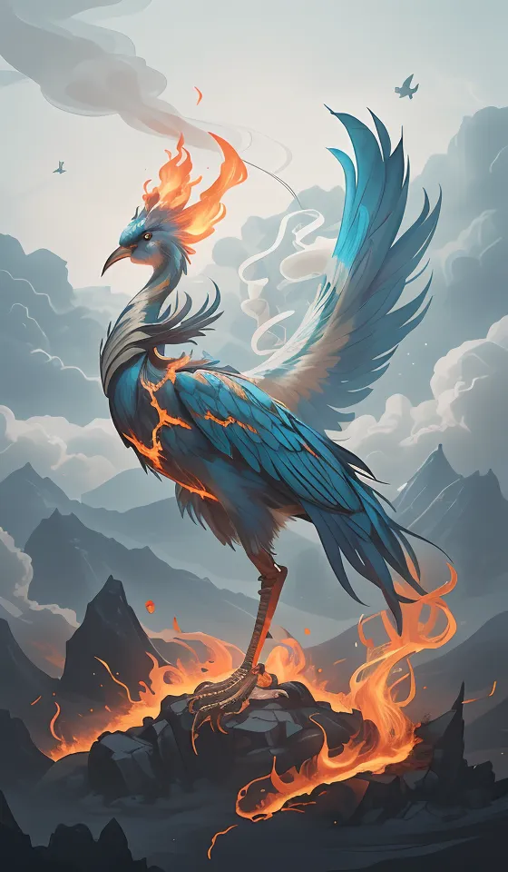 The image shows a blue phoenix standing on a rock in front of a mountain range. The background is filled with clouds and smoke. The phoenix is surrounded by flames, and its wings are outstretched. The phoenix is a symbol of hope and renewal.