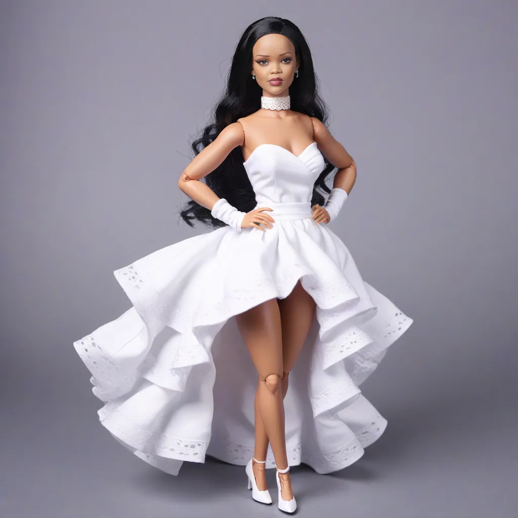 The image shows a doll with long black hair, dark brown eyes, and light brown skin. She is wearing a white strapless dress with a high low hemline. The dress has a sweetheart neckline and a fitted bodice. The skirt of the dress is full and flared, with a ruffled hem. The doll is also wearing white gloves and white high heels. She is standing with her left hand on her hip and her right hand hanging at her side. Her head is tilted slightly to the left and she is looking at the camera with a serious expression.