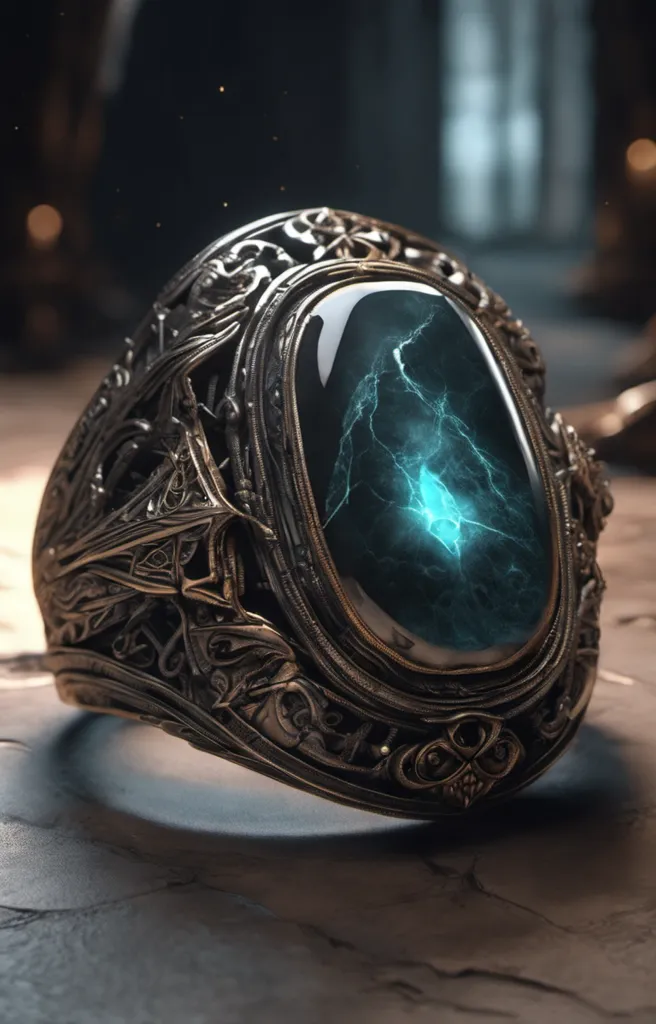 The image is a 3D rendering of a ring. The ring is made of metal and has a large, oval-shaped gemstone in the center. The gemstone is a deep blue color and has a lightning bolt-like pattern running through it. The ring is also decorated with intricate carvings on the band.