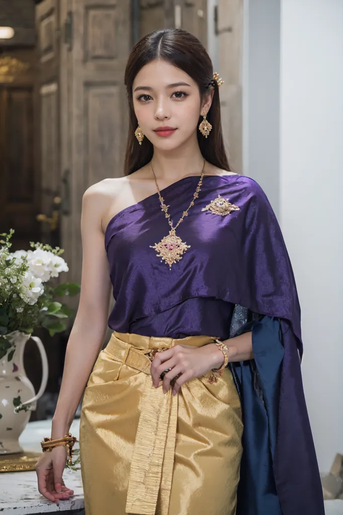 The image shows a Thai woman wearing a traditional Thai dress called a sabai. The sabai is a one-shouldered blouse that is typically made of silk or cotton. It is worn with a long skirt called a pha sin. The pha sin is wrapped around the waist and secured with a belt. The woman is also wearing a number of traditional Thai accessories, including a necklace, earrings, and bracelets. Her hair is styled in a traditional Thai bun. The woman is standing in front of a traditional Thai house.