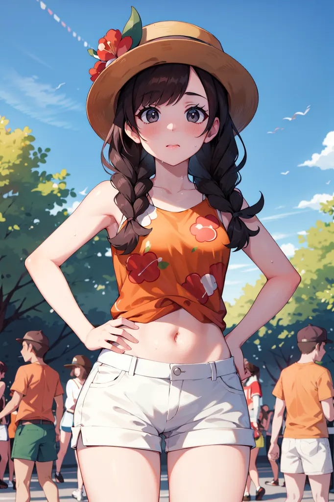 This is an image of an anime girl with brown hair and brown eyes. She is wearing a brown hat with a pink flower on it, an orange tank top with pink and red flowers, and white shorts. She is standing with her hands on her hips. There are people in the background.