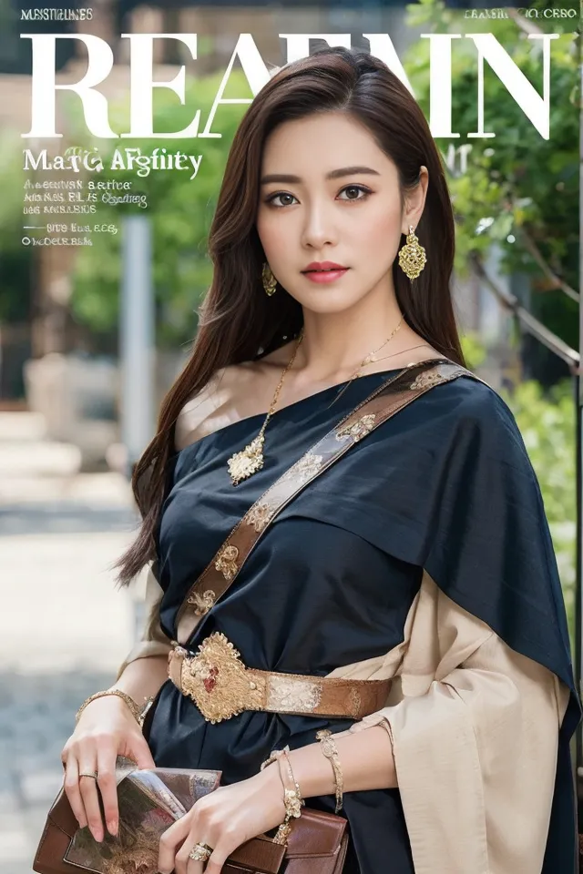 The image shows a young woman wearing a traditional Thai dress. She is standing in front of a white background, and her hair is long and flowing. The woman is wearing a black off-the-shoulder blouse, with a brown belt and a beige skirt. She is also wearing a gold necklace and earrings. The woman's makeup is natural, and she is smiling slightly.