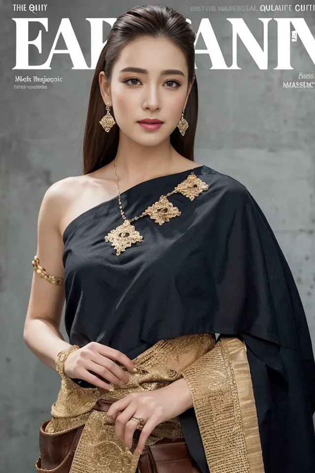 The picture shows a young Thai woman wearing a traditional Thai dress. The dress is black with gold accents. The woman has long brown hair and is wearing gold earrings and a necklace. She is also wearing a traditional Thai headdress. The background is a solid gray.