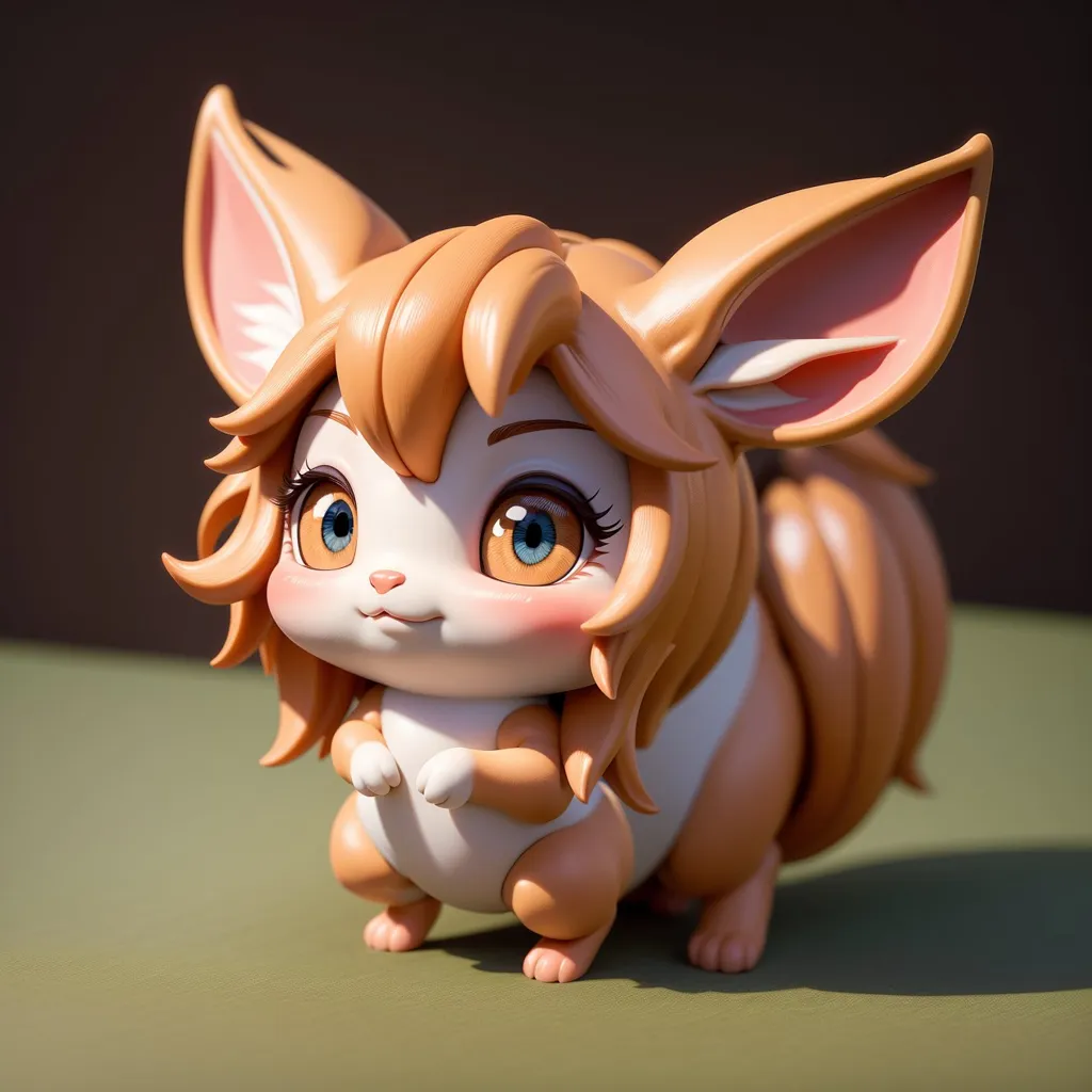 The image is a 3D rendering of a cartoon animal character. It has large orange ears, a white belly, and orange paws. The character is looking at the viewer with a curious expression. It has long orange hair.