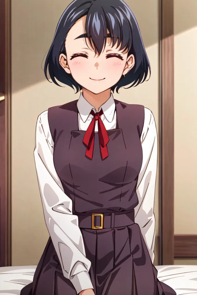 The image shows an anime girl with short black hair and brown eyes. She is wearing a white blouse, a brown vest, and a red ribbon. She has a gentle smile on her face and is looking at the viewer. The background is a blur of light brown.