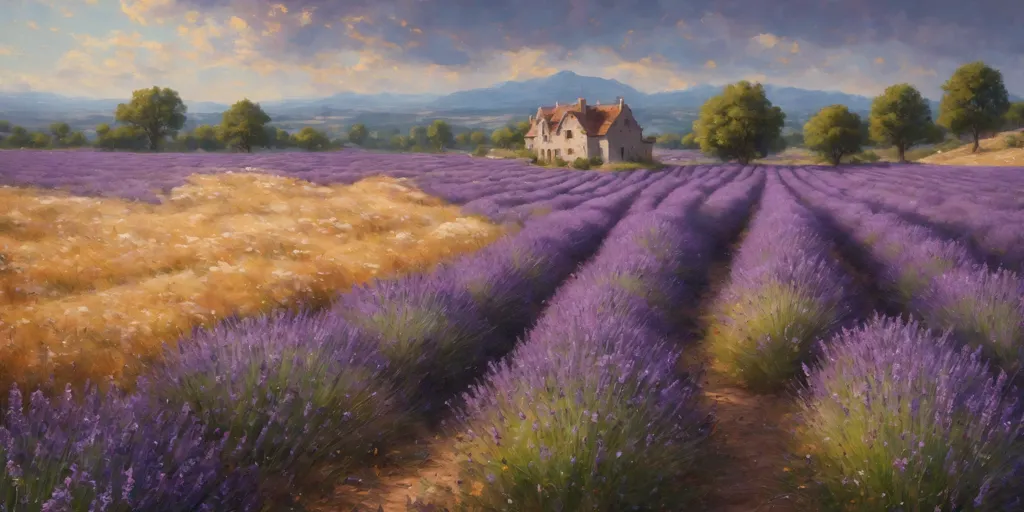 The image shows a field of lavender in bloom. The lavender is planted in rows, with a path running down the middle of the field. There is a house in the distance, and trees on either side of the field. The sky is blue, and there are clouds in the distance. The image is peaceful and relaxing.