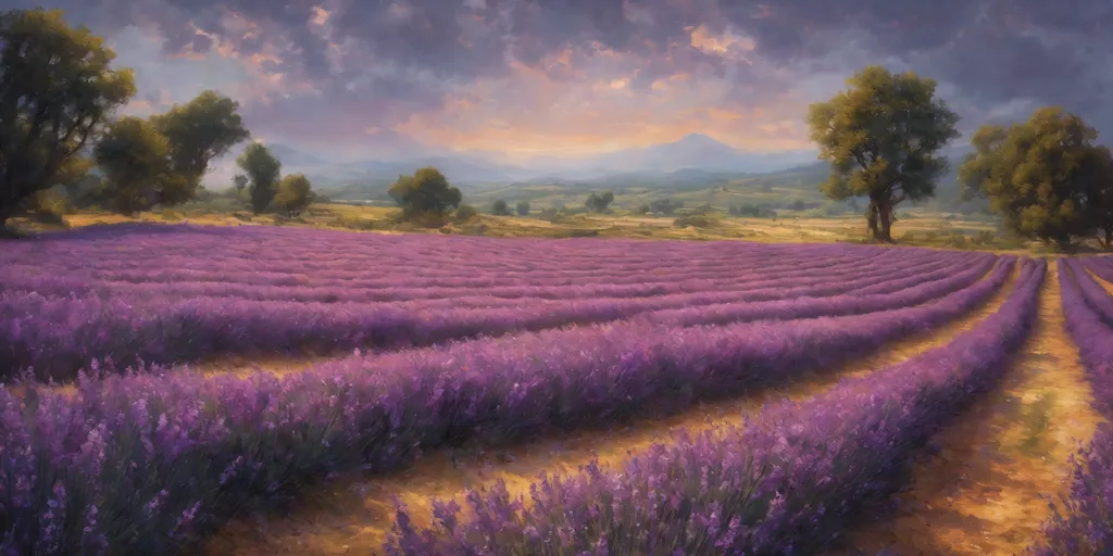 The image shows a field of lavender in bloom. The lavender is planted in rows, and there are trees in the background. The sky is blue, and there are clouds in the distance. There is a hill in the background. The lavender is purple, and it is in full bloom. The field is large, and it is full of lavender.