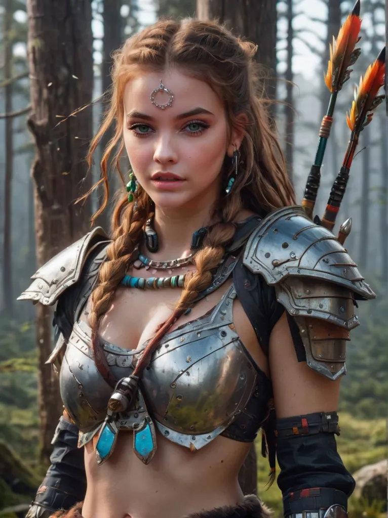 This image shows a woman dressed in warrior-like clothing. She is standing in a darkened forest, looking to the right of the frame. She is wearing a metal breastplate and has various leather straps and belts around her waist and arms. She has a quiver of arrows slung over her right shoulder and is wearing a necklace with a large green gem in the center. She has brown hair that is braided and adorned with various beads and metal pieces. Her face is partially obscured by her hair, but her eyes are a light blue color and her lips are slightly parted.