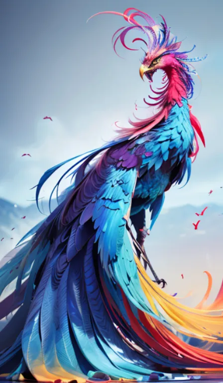 The image shows a majestic phoenix with vibrant feathers standing on a rock in front a mountain range. The background is filled with a gradient of blue and purple. The phoenix is facing the viewer and has its wings spread wide, displaying an array of colors including blue, green, yellow, orange, pink, and purple. The tips of its feathers are a bright yellow, and its head is adorned with a crest of feathers that are a deep blue color. The phoenix's eyes are a bright yellow, and its beak is a light orange. The rock the phoenix is standing on is a deep gray, and the mountain range in the background is a lighter shade of gray.