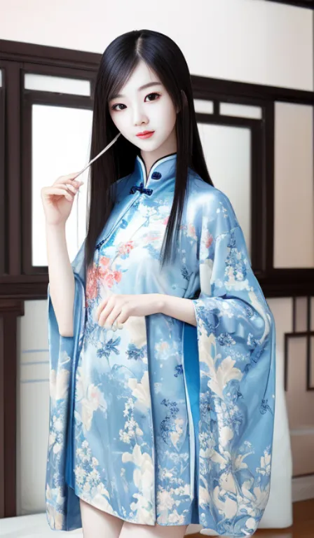 The image shows a young woman wearing a blue cheongsam with a white collar. The cheongsam is decorated with a floral pattern and has a high collar. The woman has long black hair and is wearing light makeup. She is holding a chopstick in her right hand.